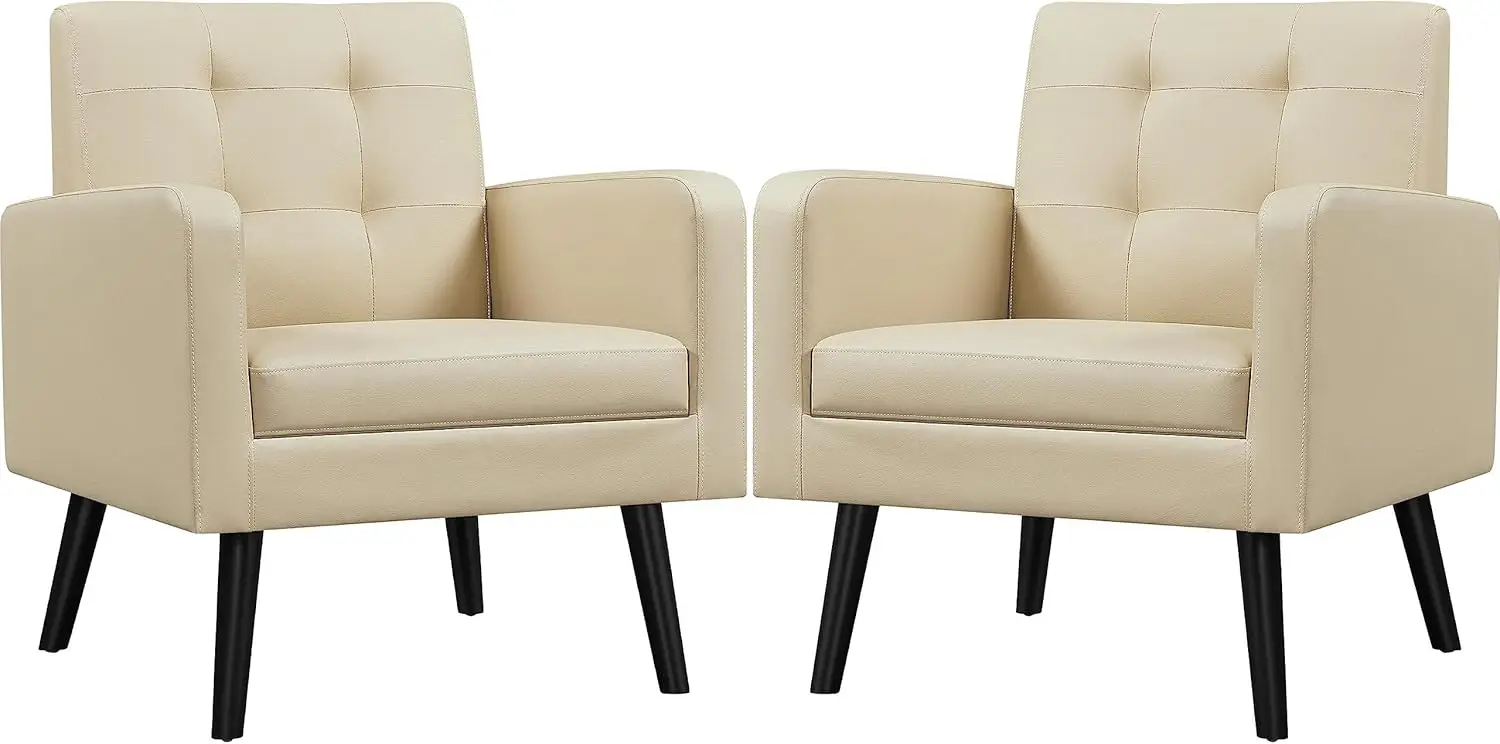 Mid-Century Accent Chairs PU Leather Modern Upholstered Living Room Chair Cozy Armchair Button Tufted Back Beige 2PCS