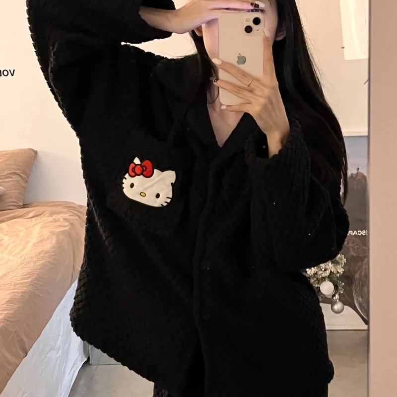 Sanrio Hello Kitty Winter New Ladies Coral Fleece Pajamas Black Fleece Thickened Cartoon Cute Warm Homewear Set