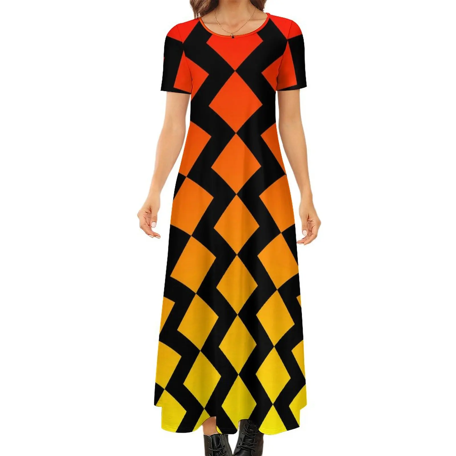 Abito Ombre da rosso a giallo Zig Zag Abito maxi carino Abbigliamento da strada Abiti lunghi da spiaggia Boho Abiti da donna a maniche corte di grandi dimensioni