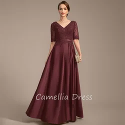 New V Neck Mother Of The Bride Dress A Line Floor-Length Satin Lace With Sequins Formal Dresses Vestidos Mae Da Noiva Casamentos