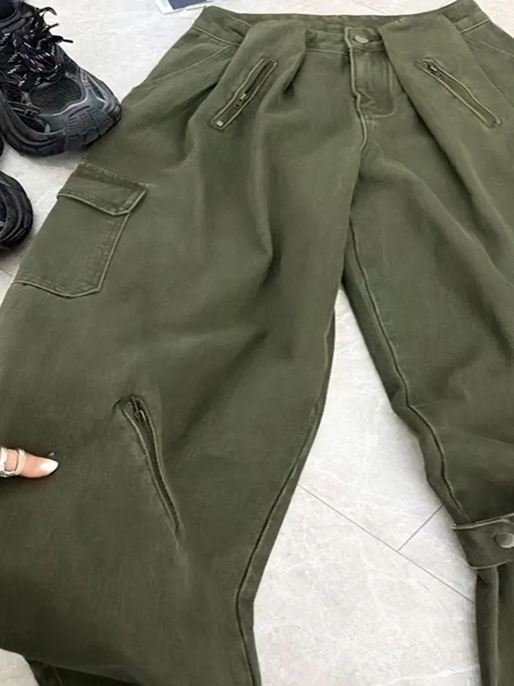 Retro American Military Green Washed Multi-Pocket Work Pants Women Loose High Waist Casual Wide Leg Long Pants
