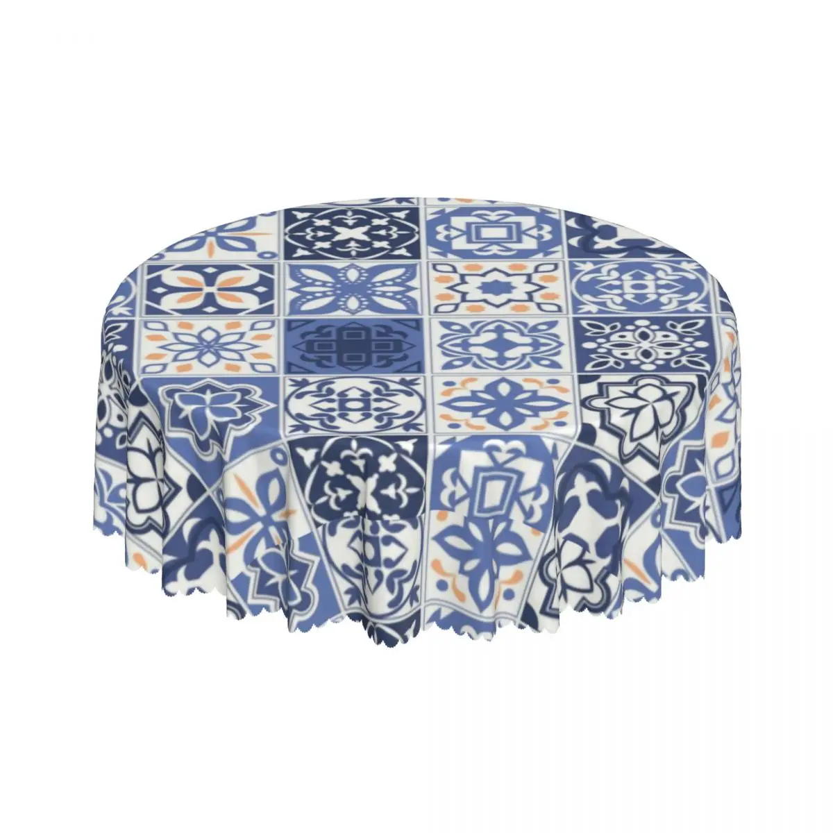 الأزرق البرتغالية بلاط مفرش المائدة مستديرة مقاوم للماء البرتغال Azulejo زهرة الجدول القماش غطاء لغرفة الطعام 60 بوصة #5