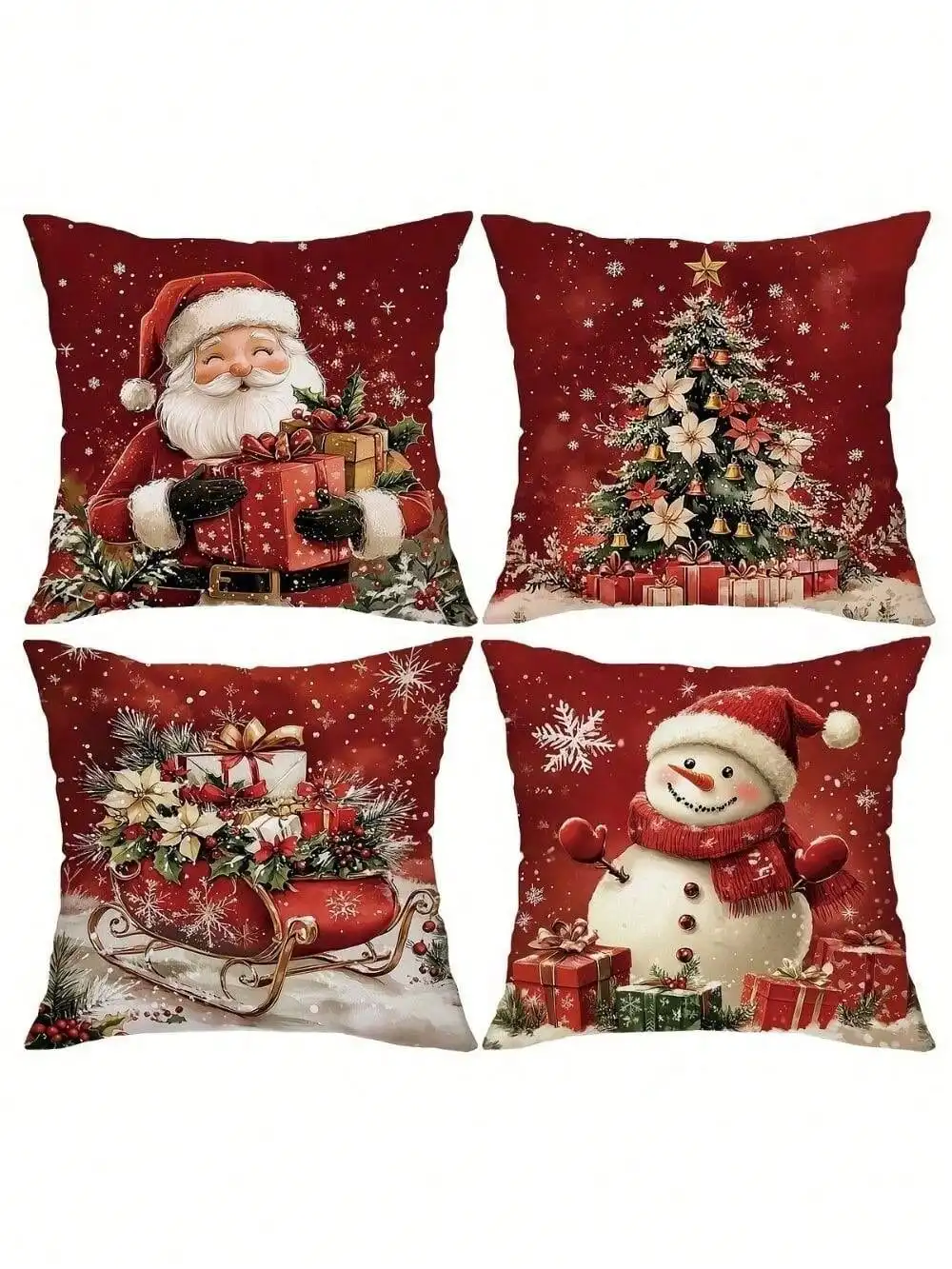 4 قطع من أغطية وسائد عيد الميلاد مقاس 18 × 18 بوصة - ريترو سانتا/رجل الثلج، إغلاق بسحاب (بدون وسائد) #1