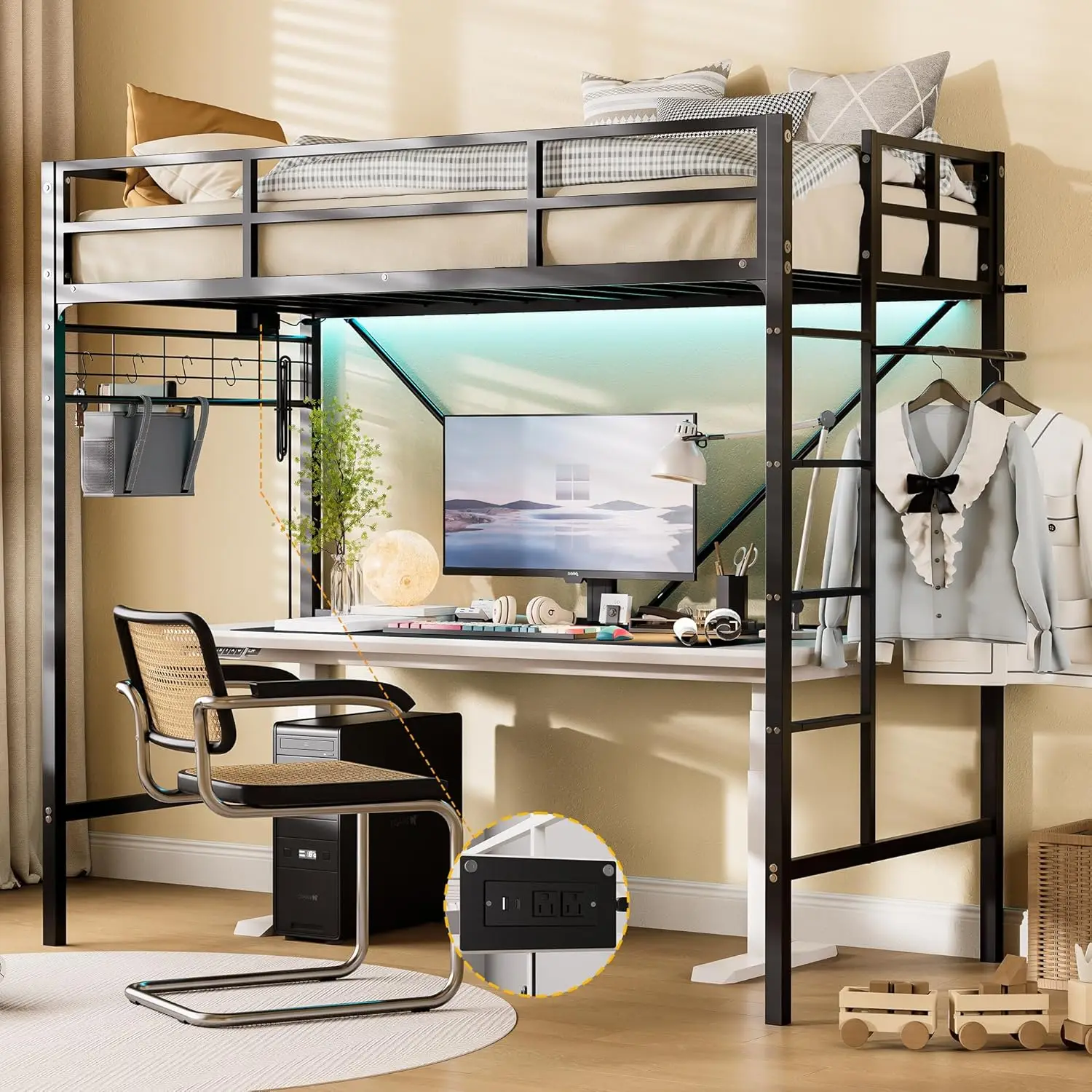 

Loft Bed Twin Size,Loft Beds with Built-in Power Outlet LED Lights,Clothing Hanger,Storage Pouch,Heavy Duty Metal, Customized