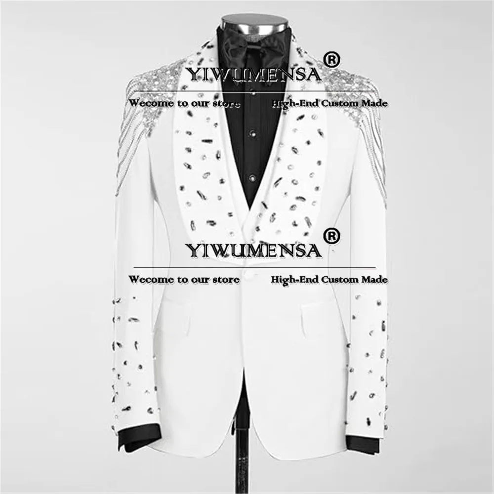 

Men's 3 Pieces Suits For Wedding Crystals Gemstones Prom Blazers Customized Groom Tuxedos Luxury Man Banquet Dinner Party Dress