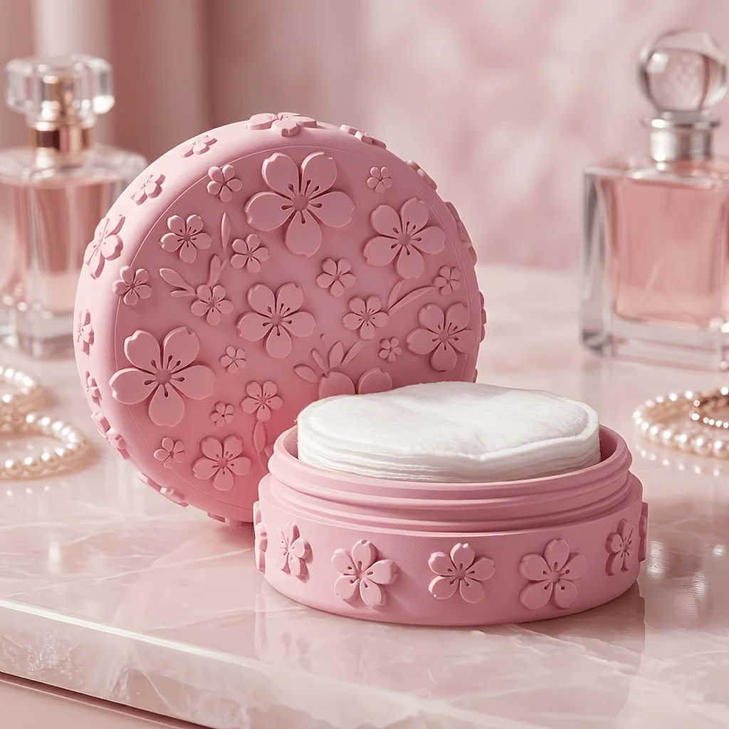 1-teilige Aufbewahrungsbox für Make-up-Watte mit Kirschblütenprägung, 3D-gedruckte staubdichte Kosmetik-Aufbewahrungsdose mit Deckel, ästhetisch ansprechend, mädchenhafte Make-up-Box aus Kunstharz, tolles Weihnachtsges – Detail 2