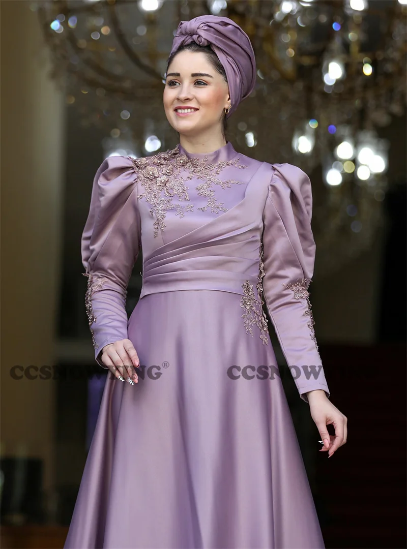 Vestido De noche musulmán con apliques De satén De manga larga para mujer, islámico Hijab, vestido Formal De fiesta para mujer, vestido árabe De Dubái