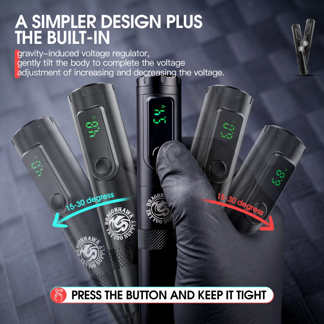 Dragonhawk Wireless PMU Machine Rotary Tattoo Pen Gravity Sensor Voltage Adjust 2 Replaceable Batteries 120g Ultra Lightweight Low Vibration for Tattoo PMU Artist