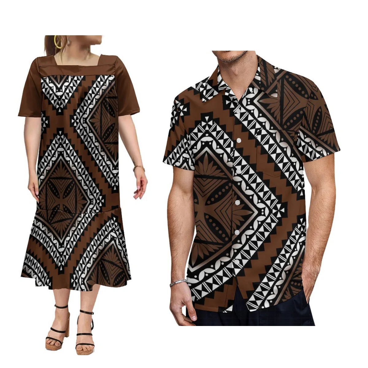 Custom Mumu Square Collar Puffed Sleeve Dress Polynesian Couple Set Hibiscus Flower Hawaiian Men'S Shirt Micronesia Dress