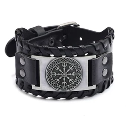 New Vintage Round Nordic Rune Charm Wide Edition Leather Bracelet Viking Men's Bracelet Fashion Hip Hop Punk Jewelry Accessories