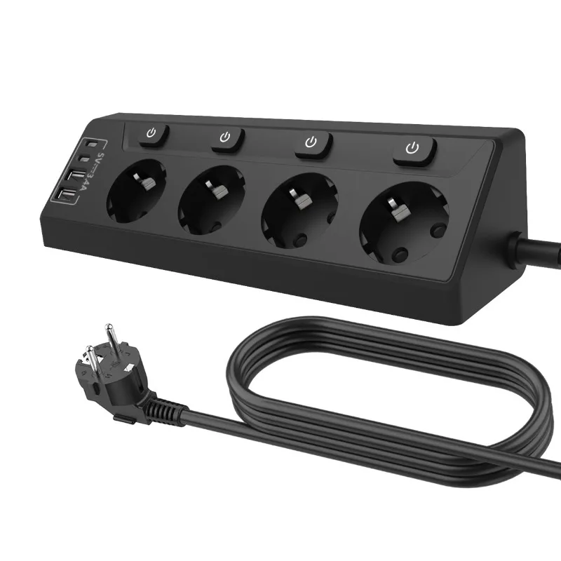 European standard USB socket independent switch household smart socket cable 4 holes high power European power strip angle