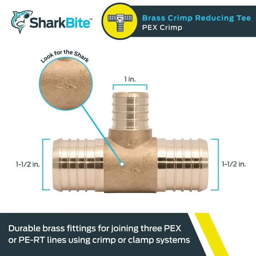 11 2 x 11 2 x 1 Inch Brass Crimp Reducing Tee, PEX Pipe, PERT, UC08414128