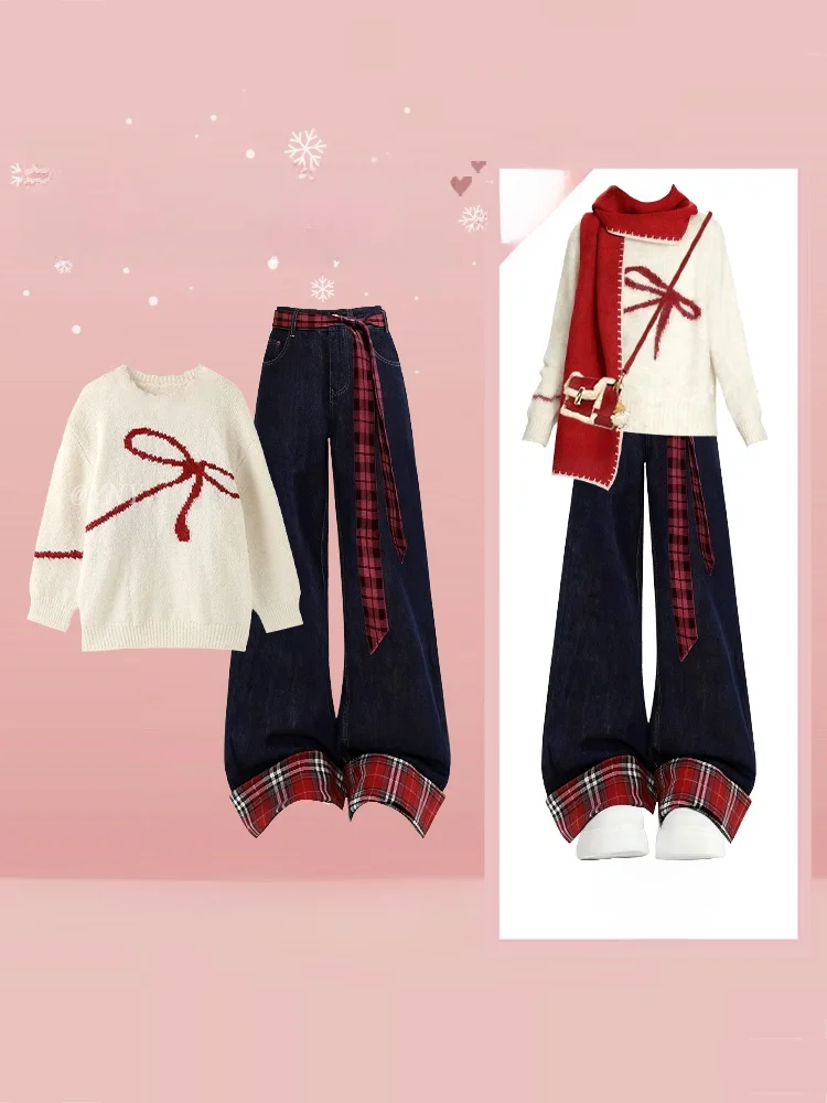 

Зимний комплект в университетском стиле: свитер и джинсы с высокой талией, длинными рукавами и круглым вырезом, создающий праздничную атмосферу.