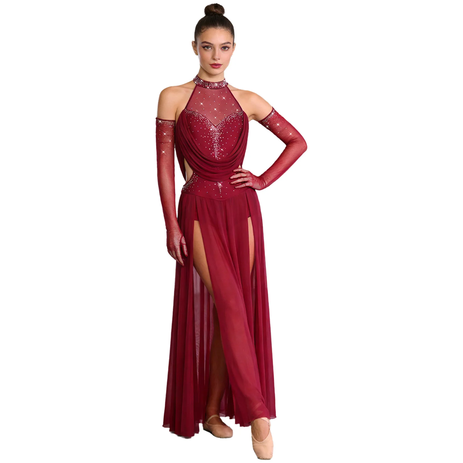 

Women Lyrical Modern Ballet Dance Performance Costume Rhinestones Leotard Mesh Bodysuit Dress +Gloves Outfits for Tango Cha-Cha
