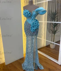 Blue Ruffles Off Shoulder Long Mermaid Evening Dress 2024 Crystals Beaded Birthday Party Dress Second Reception Prom Gowns Robe