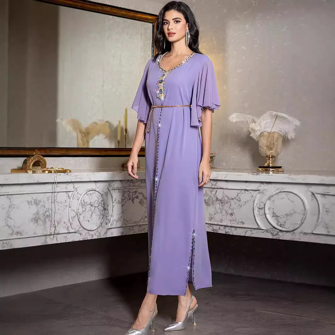 BA3072-1 Dubai Lilac Purple Trumpet Sleeve Hand sewn Diamond Side Women's Dress