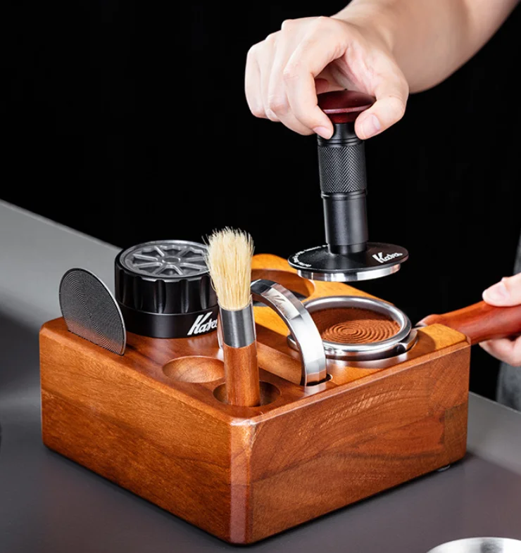 Handmade Walnut Coffee Tamper Set Powdering Cloth Storage Base Square Solid Wood Holder 58mm 53mm 51mm