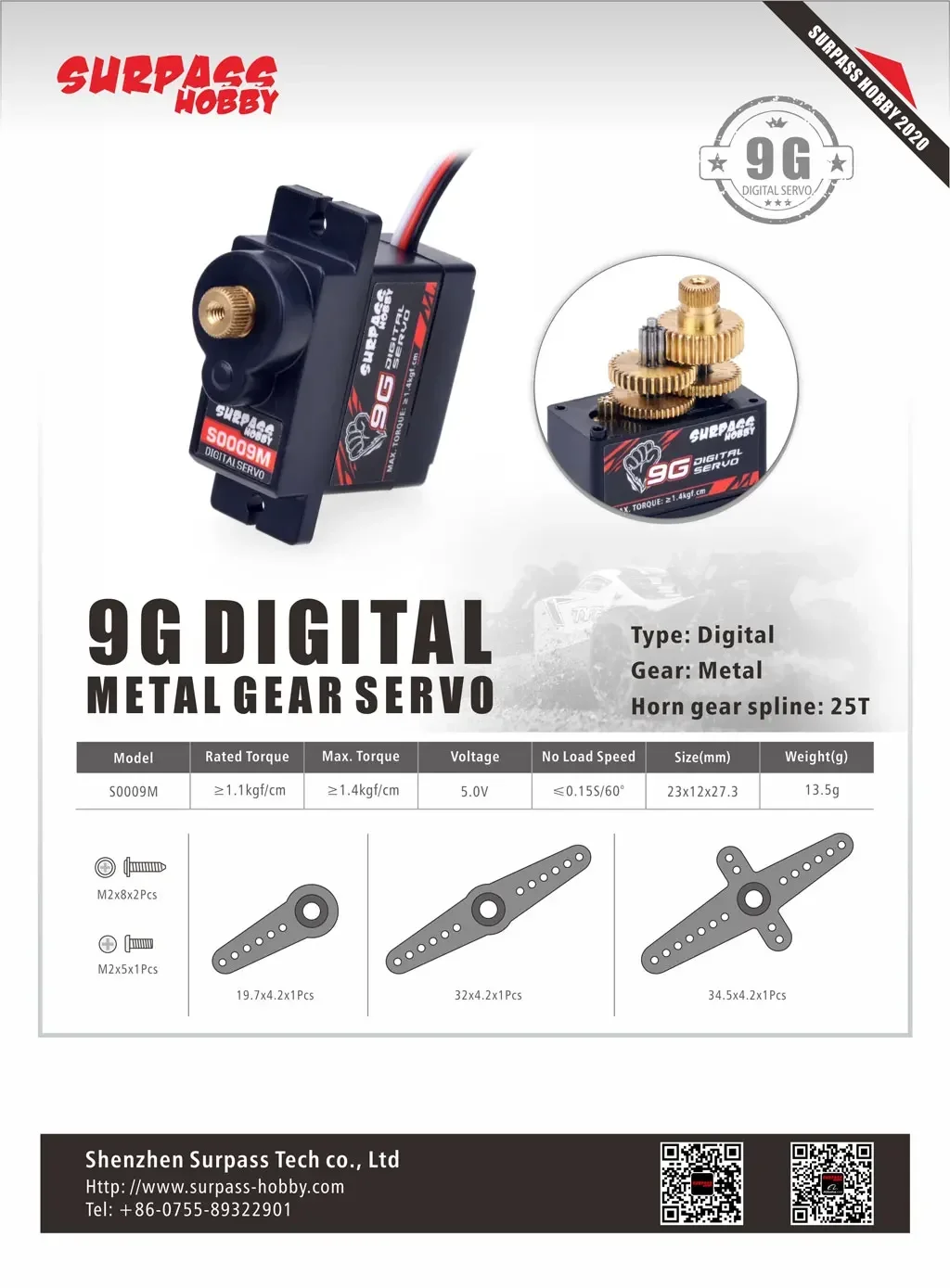 SURPASS HOBBY 9G Metal Gear Digital Micro Servo para RC Carro Avião Asa Fixa Robô Barco Wltoys Axial SCX24 Modelo Brinquedo Acessórios