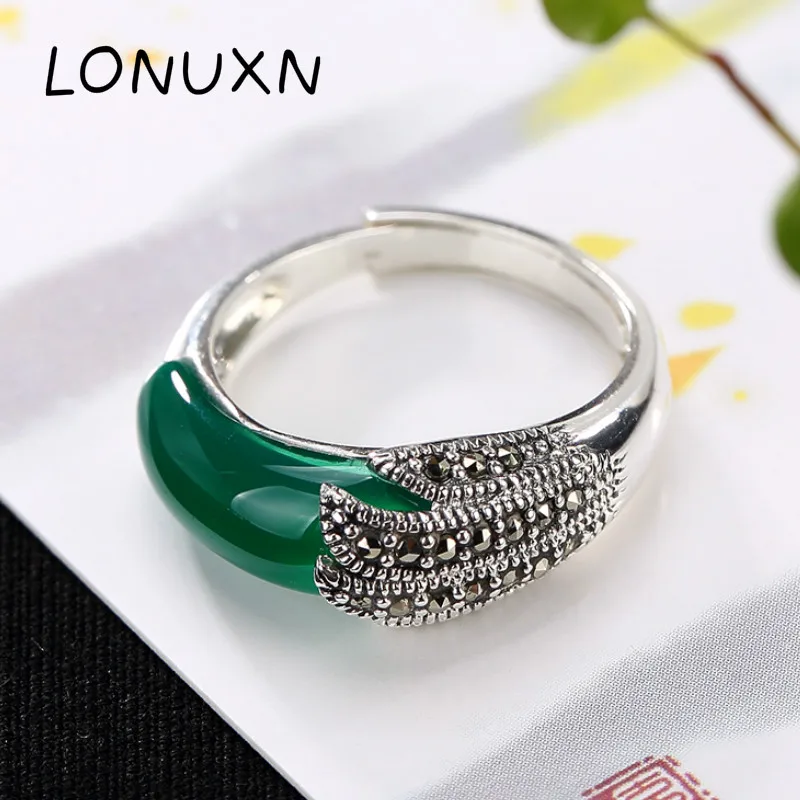 

High Quality Bohemia Retro Natural Stone Green/yellow Agate Rings Real 925 Sterling Silver Women Fine Jewelry Gift Couple Rings