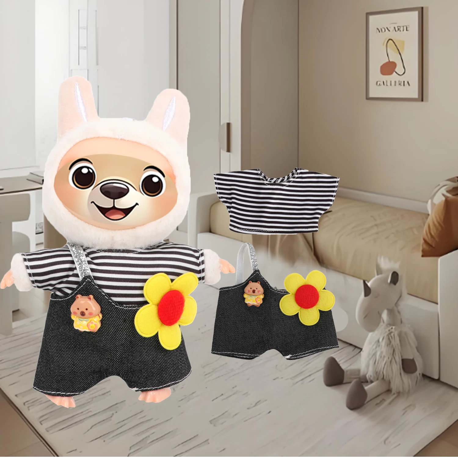 

For 17cm Labubu Doll Clothes Striped T-shirt + Flower Bib Pants Suit Outfit Garment For V1 V2 Labubu Doll Fit Cotton Toy Gift