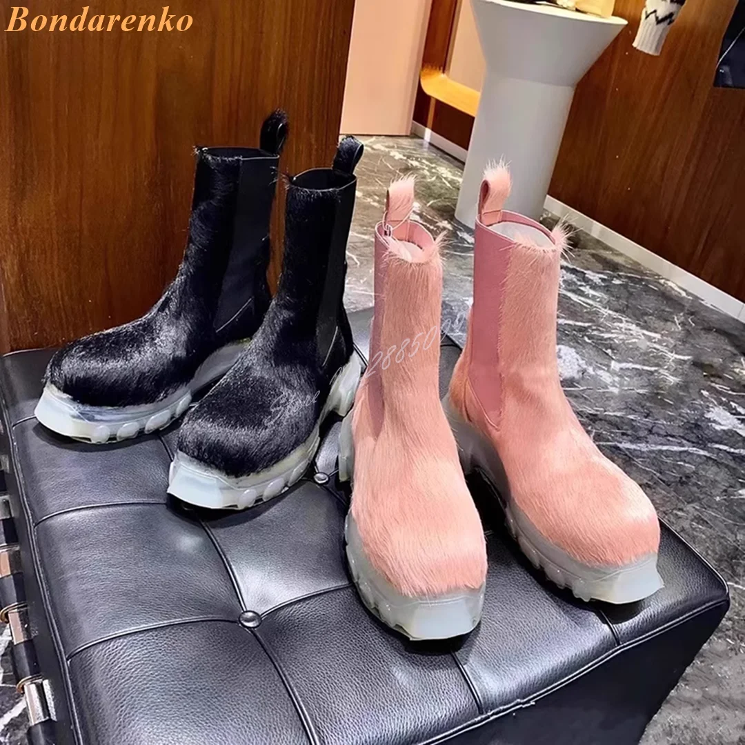 New Style Horse Hair Boots Thick-Soled Round Toe Platform Slip On Ankle Boots Solid Fur Women Shoes Warm Winter Party Designer