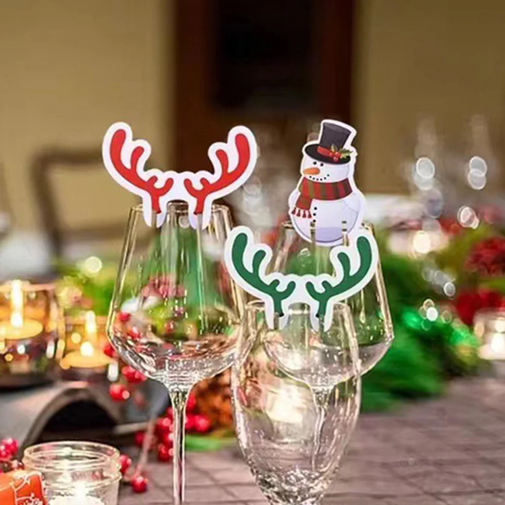 20pcs Christmas Wine Glass Card Red Wine Glass Deer Insert Card  2025 New Year Holiday Home Ornament Christmas Decorations
