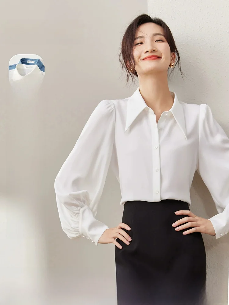 

Elegant Commuter 2026 Shirt Collar Atmosphere Artistic Young Women's Styling Soft Light Silk Texture Woven Shirt Polyester Fi...