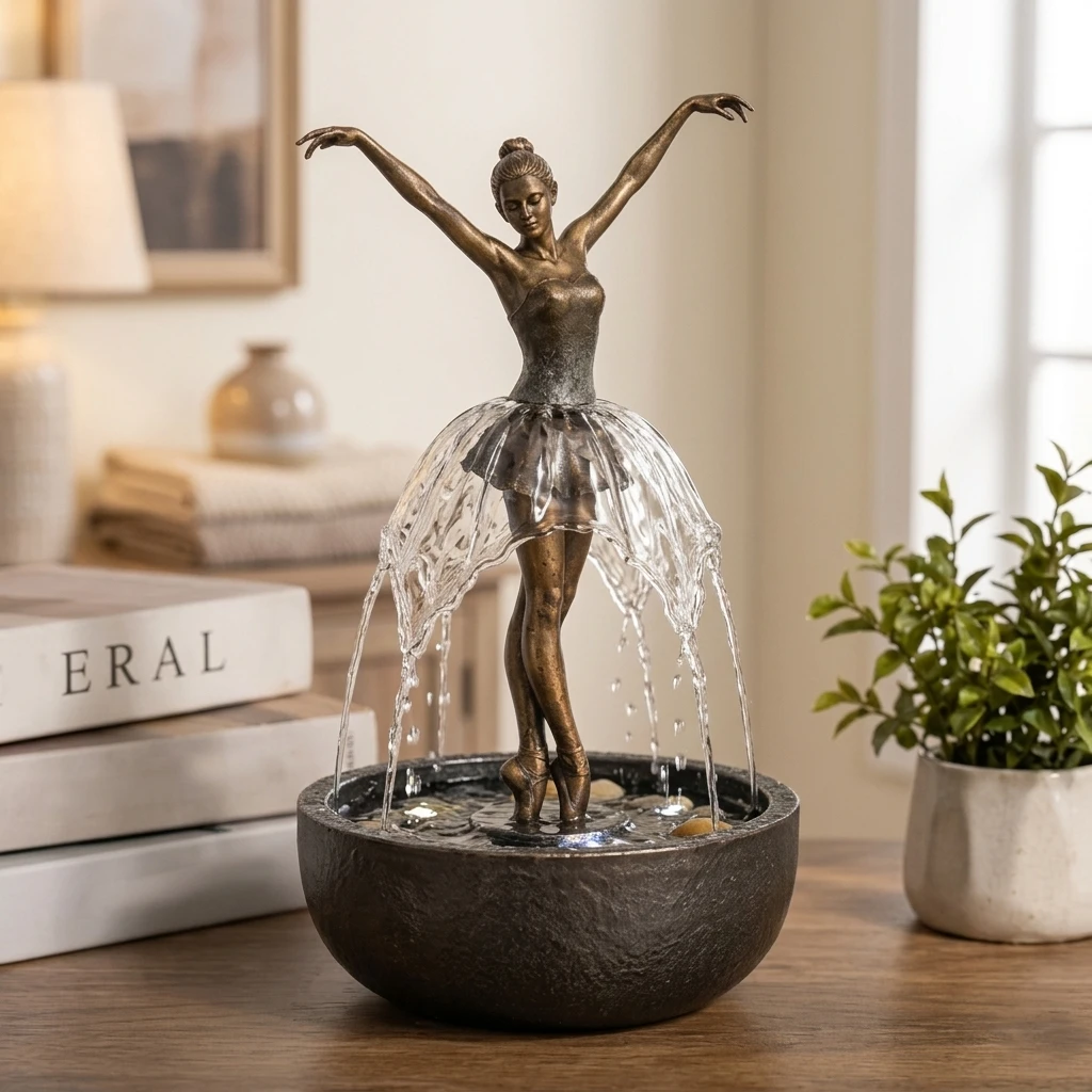 1pc Ballerina Water Fountain Elegant Resin Dancing Girl Indoor Waterfall Decor for Office Desk Living Room Home Ornament
