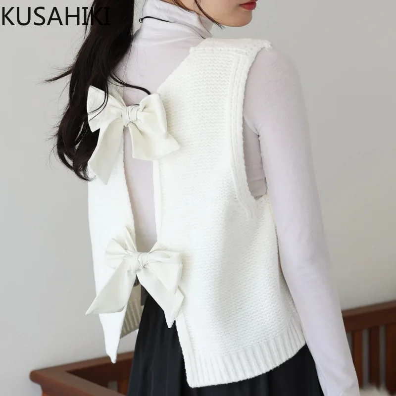 KUSAHIKI Korean Women's Autumn New Back Bow Lace Up Fashion Sweet Pullover Knitted Vest Top