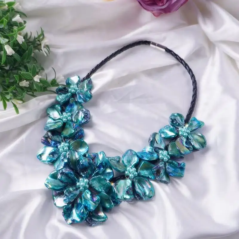 WOW!   blue shell flowers necklace nature 48cm nature FPPJ wholesale