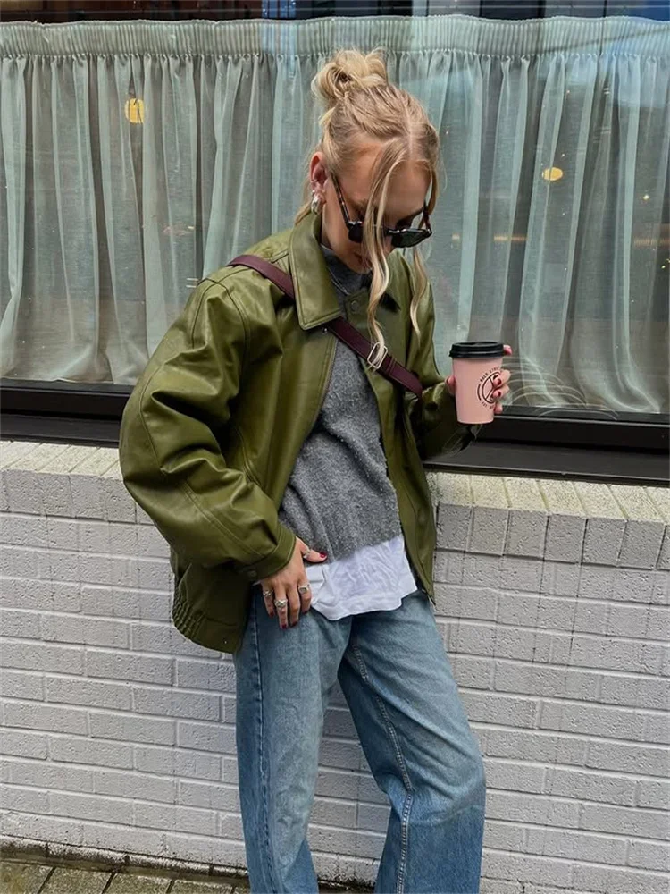 Chaqueta de cuero PU con cremallera para mujer, abrigo corto Retro verde de manga larga con solapa, moda femenina, prendas de vestir exteriores de calle para primavera y otoño