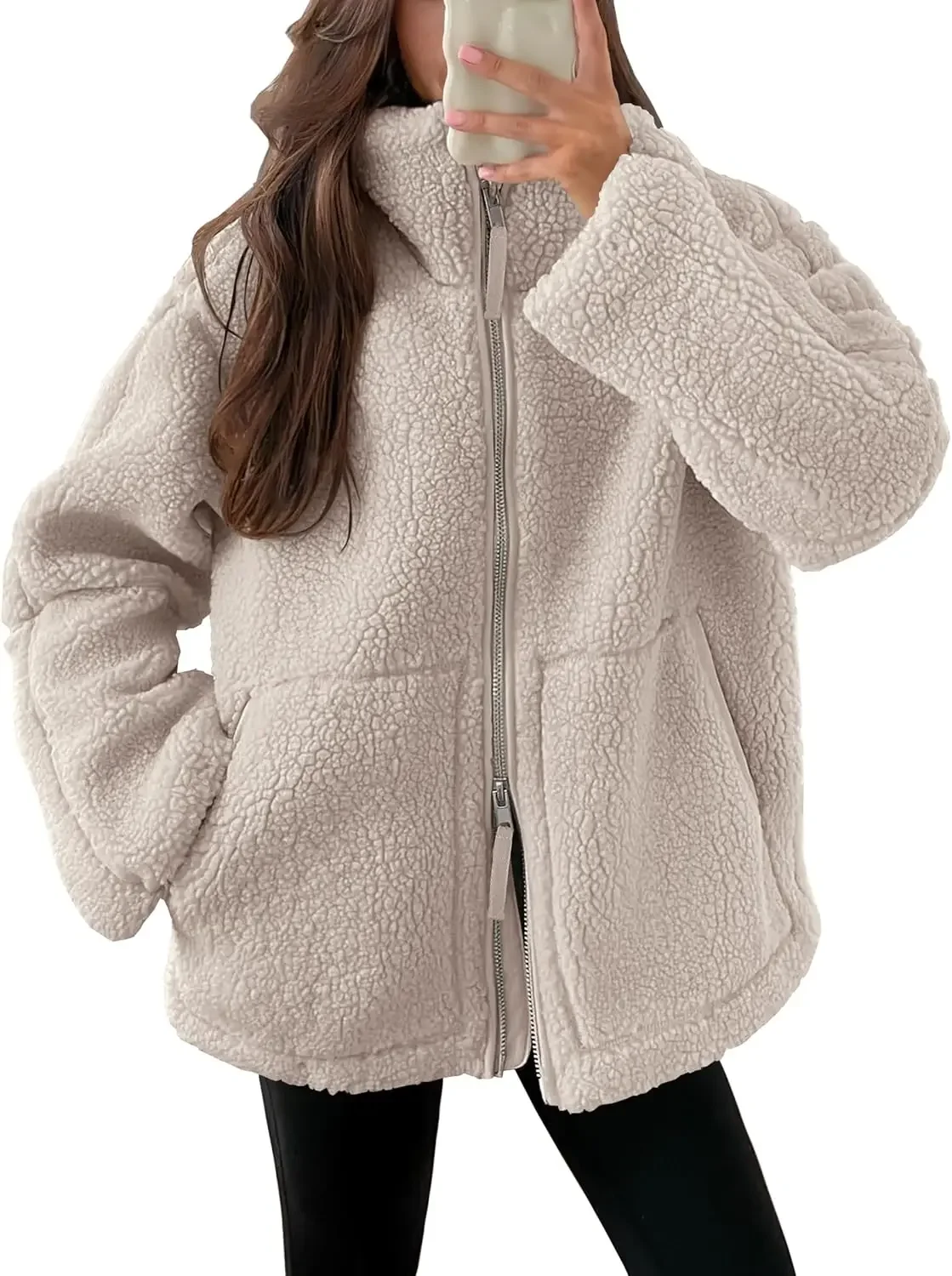 Women Fuzzy Fleece Jacket Casual Long Sleeve Oversized Sherpa Warm Coats Double Zip Winter Teddy Outwear With Pocket