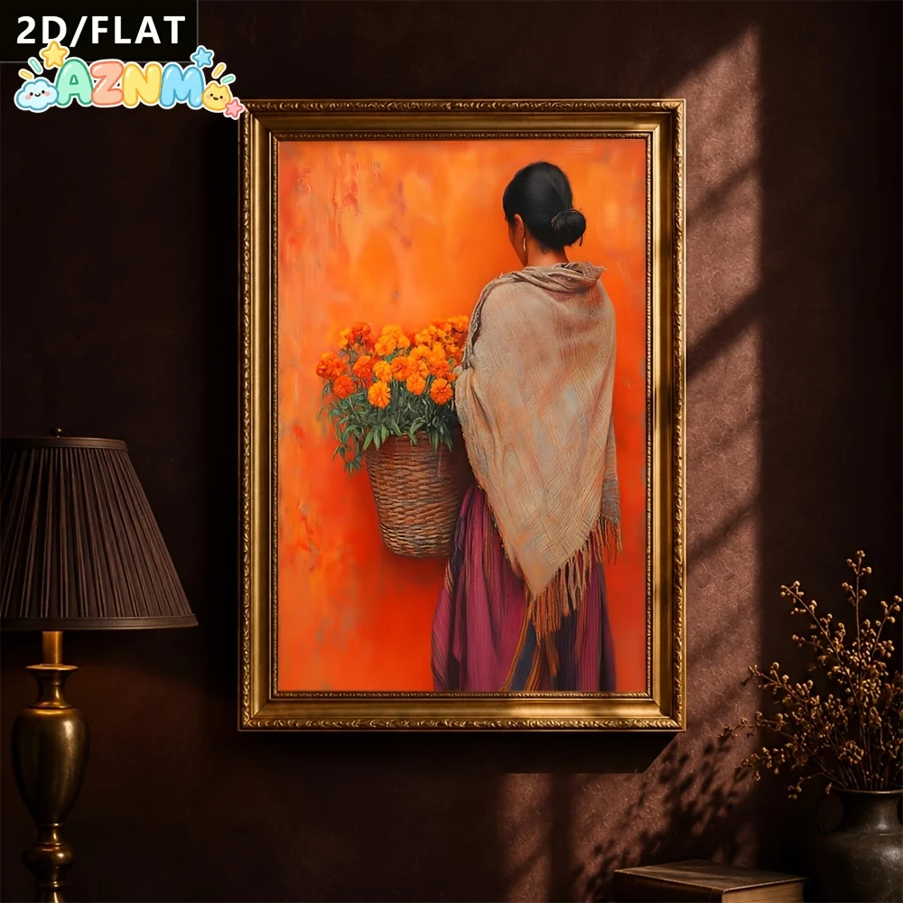 2D Flat, 2D Flat, 2D/Flat 1pc Warm Orange Vintage Decorative Painting of a Woman Holding Flowers on Her Back, Canvas Poster A