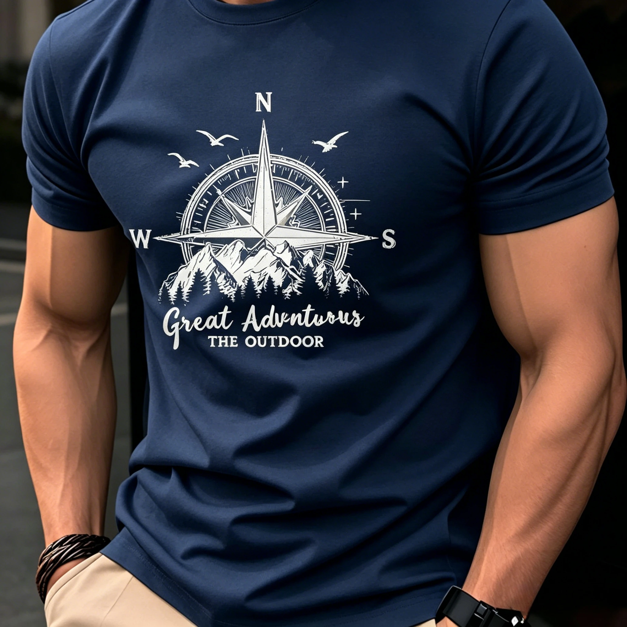 Summer Men's 100% Pure Cotton Casual Fashionable Loose Retro Compass Mountain Pattern Printed Round Neck Short Sleeved T-shirt