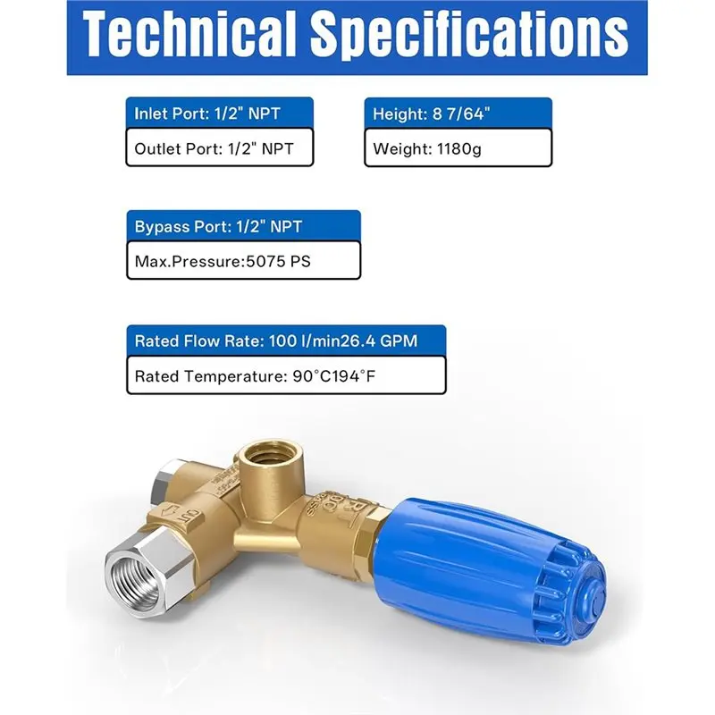 THIVN-V.B 85/310 Unloader Valve For Pressure Washer Pump With Knob For PA, AR, Comet, Cat, BE, And General Pumps