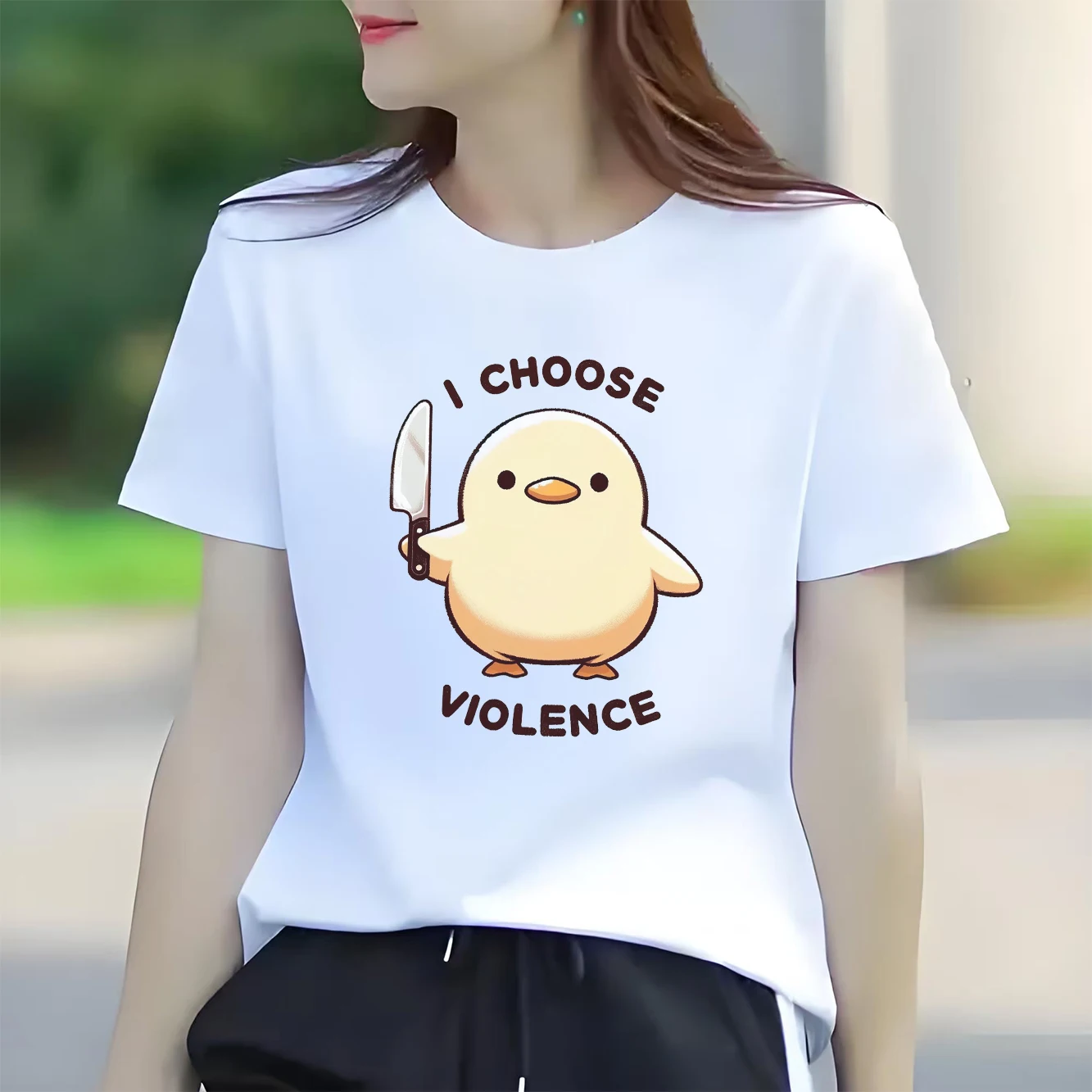 

Cute chicken print pattern T-shirt fashionable round neck short sleeved women's top
