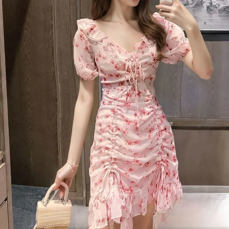

Sweet Broken Flowers Mini Dress Summer Vintage Shirring Female Clothing Elegant V-Neck Drawstring Elegant A-Line Waist Dresses