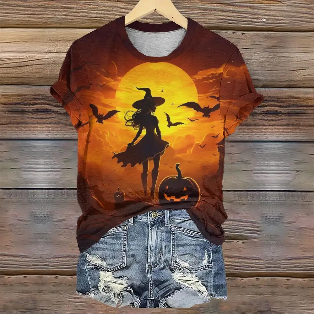 Funny Witch Print Women's T shirt Summer Casual Loose Daily Short Sleeves T-shirts 2024 New O-neck Pullover Trend Streetwear Top