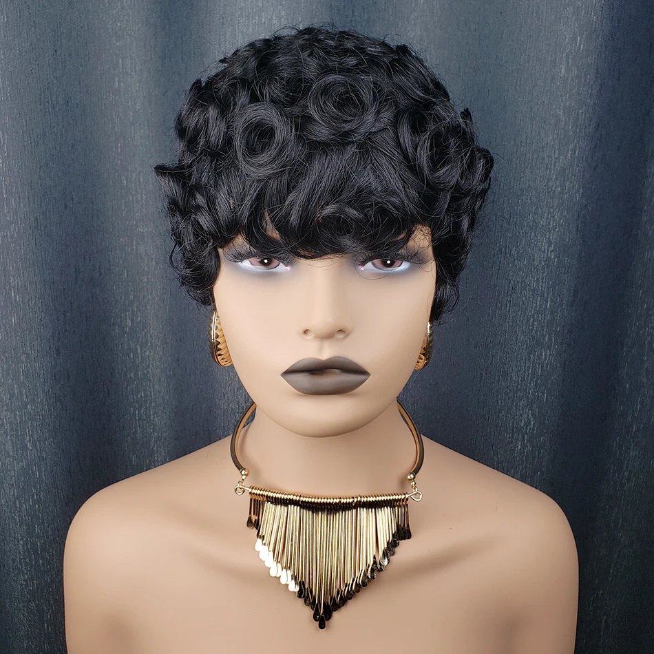 Peruka z ludzkich włosów pixie cut, w całości wykonana maszynowo, z grzywką, kręcone włosy typu egg curly, krótka peruka pixie cut z ludzkich włosów.