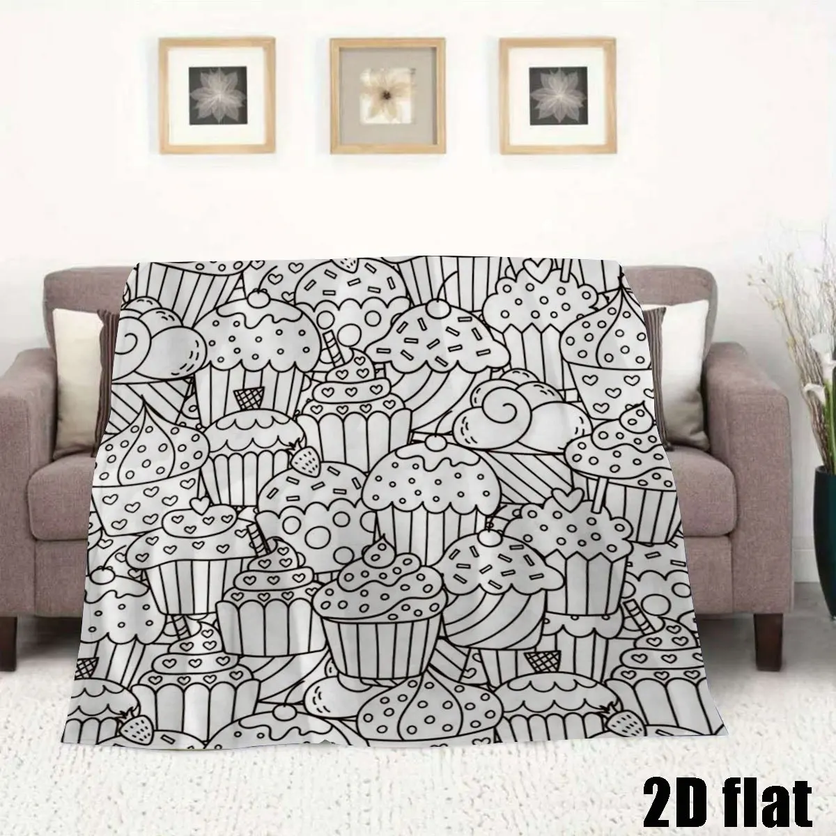Sweet Cupcake Throw Blanket Rich Pastry Line Drawing Doodle Print Soft Flannel for Kids Room Sofa Lap Dessert Home Decor Gift