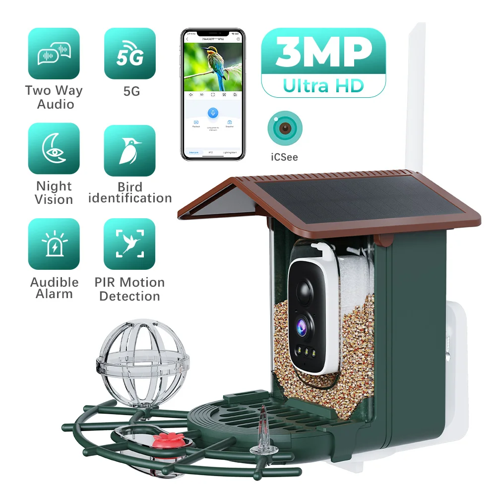 3MP Solar Powered Smart Bird Feeder Camera 5G WiFi Outdoor Home Security AI Bird Identification Night Vision Surveillance Device