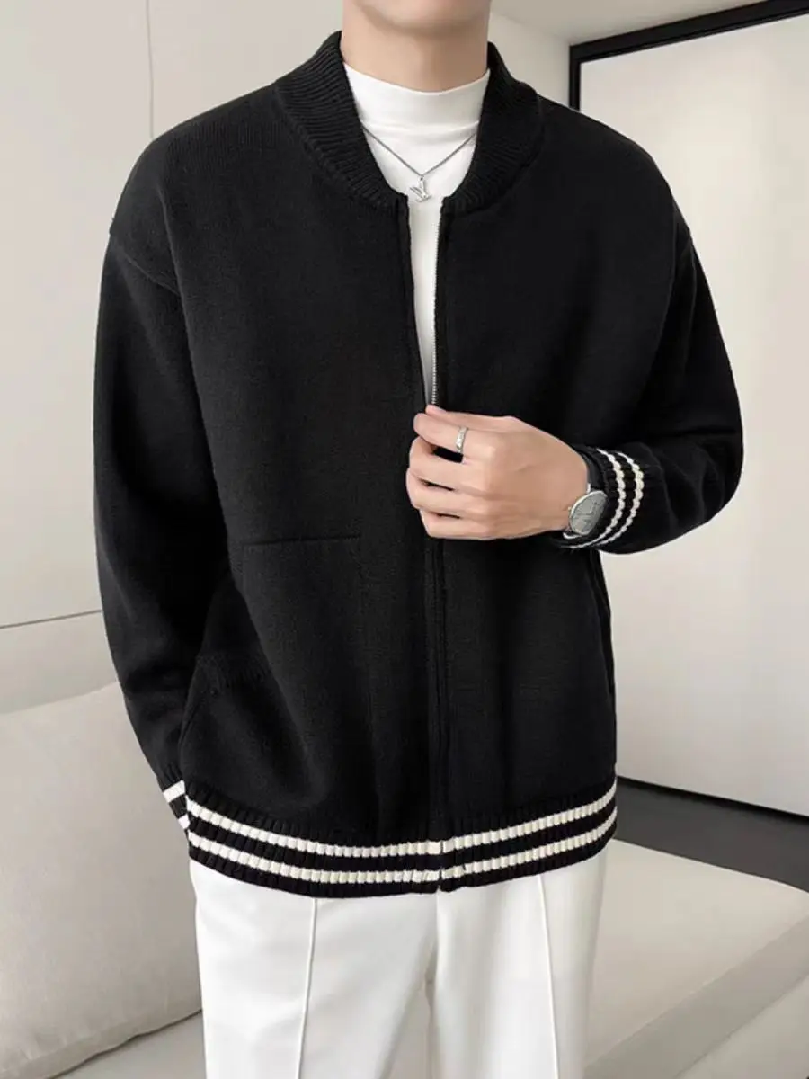 

Мужской повседневный вязаный бейсбольный воротник, открытый кардиган, свитер, модный цвет, полосатый длинный свек, свободная весенне-осенняя верхняя одежда