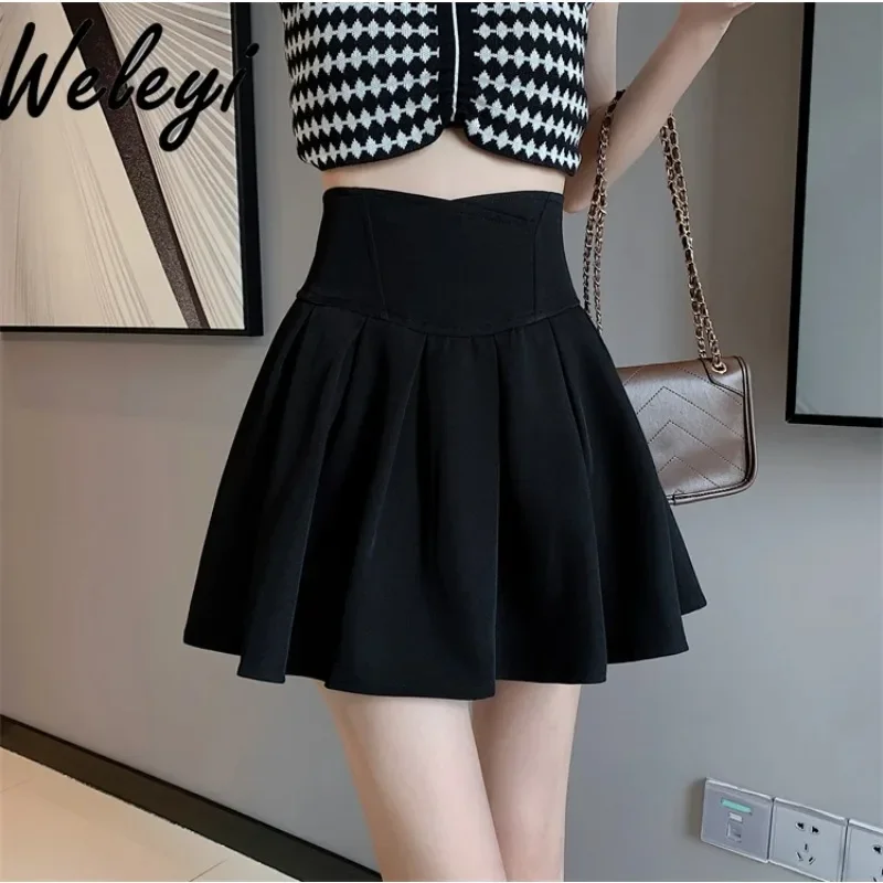 Sweet Gray Umbrella Ruched Suit Skirt for Women Female 2024 Simple Women Summer High-waisted A-line Pleated Short Puffy Skirts