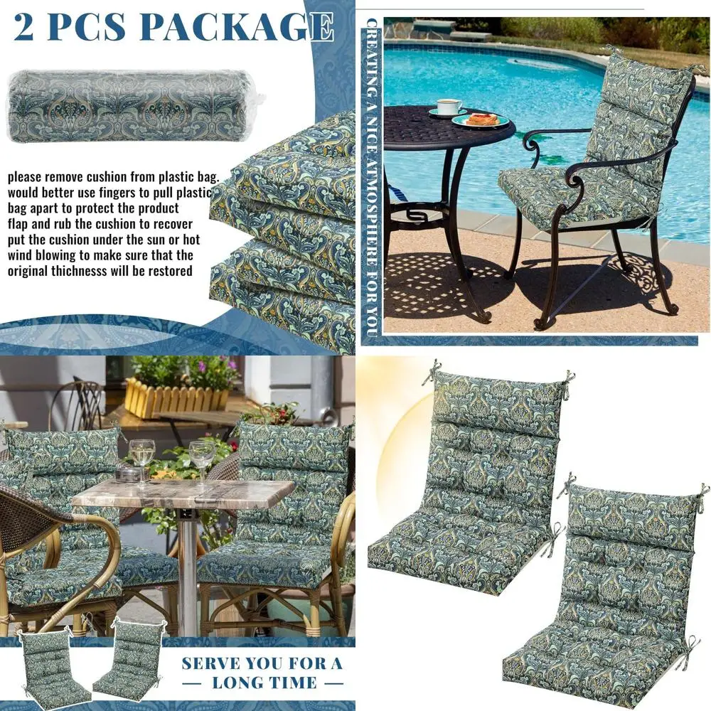 

All-Weather Blue Vintage Flower Patio Chair Cushion Set, 2 Pieces, Seat & Back with Ties