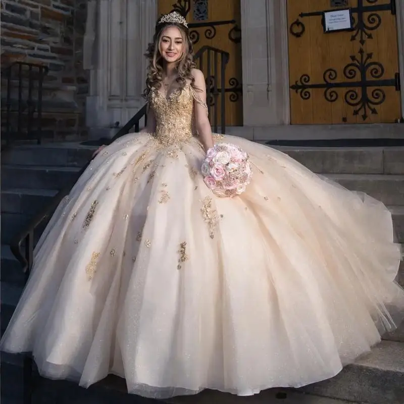 Vestido quinceanera champagne glitter, florais de renda mexicana, doce vestido 15, vestido de lantejoulas, festa de aniversário xv, tamanho grande, 2024