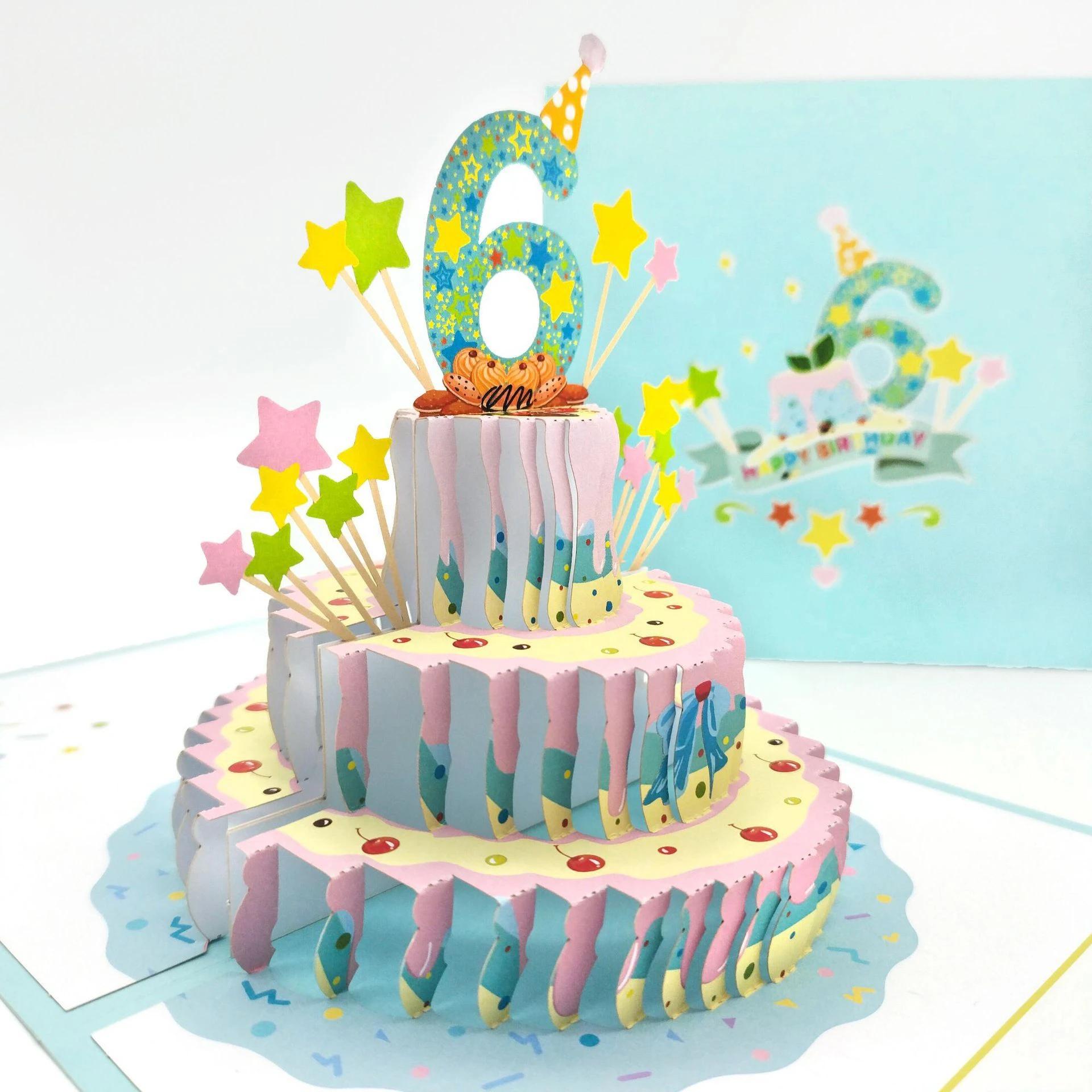 

3D Cartoon Greeting Card: 3D Birthday Cake, 6th Birthday Card, Invitation, Greeting Card, Laser-Cut Pearl-Finish Message Card