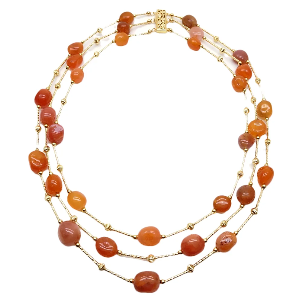

yygem New Natural 10x13mm Red Carnelian Agate Beads 3 Rows Layered Necklace Bohemia Beaded Statement Necklaces