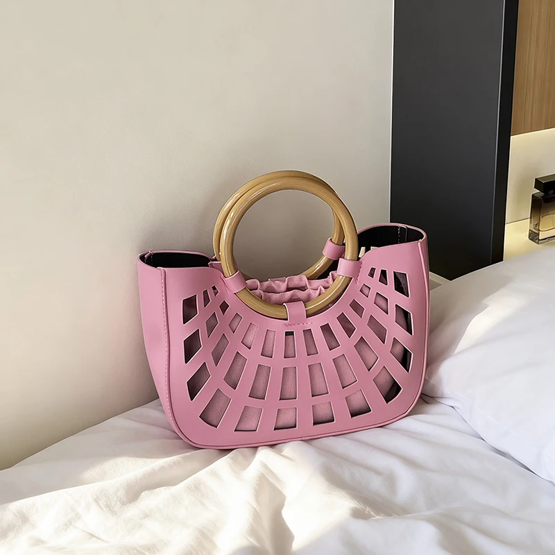 Women Hollow Out Mini Tote Bag Wooden Ring Handle Handbag Summer Beach Vacation Casual Party Shoulder Purse for Ladies
