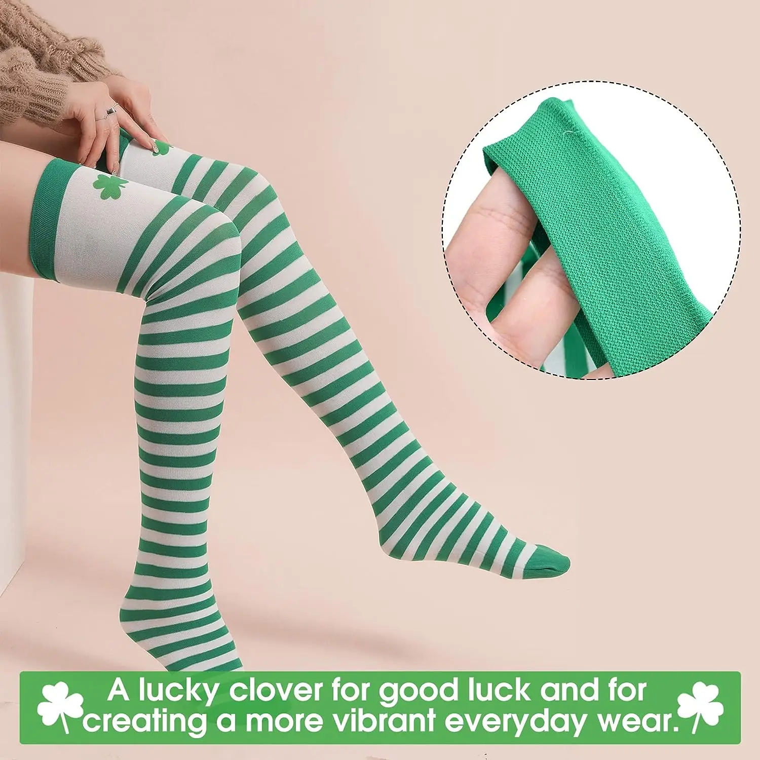 Pesenar Stripe Shamrock High Socks Green White Striped Arm Warmer Women Costume Accessories for Saint Patrick Party