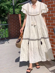Korean Fashion Vintage Summer Women Casual Loose V Neck Butterfly Sleeve Temperament Tassel Party Holiday Dresses
